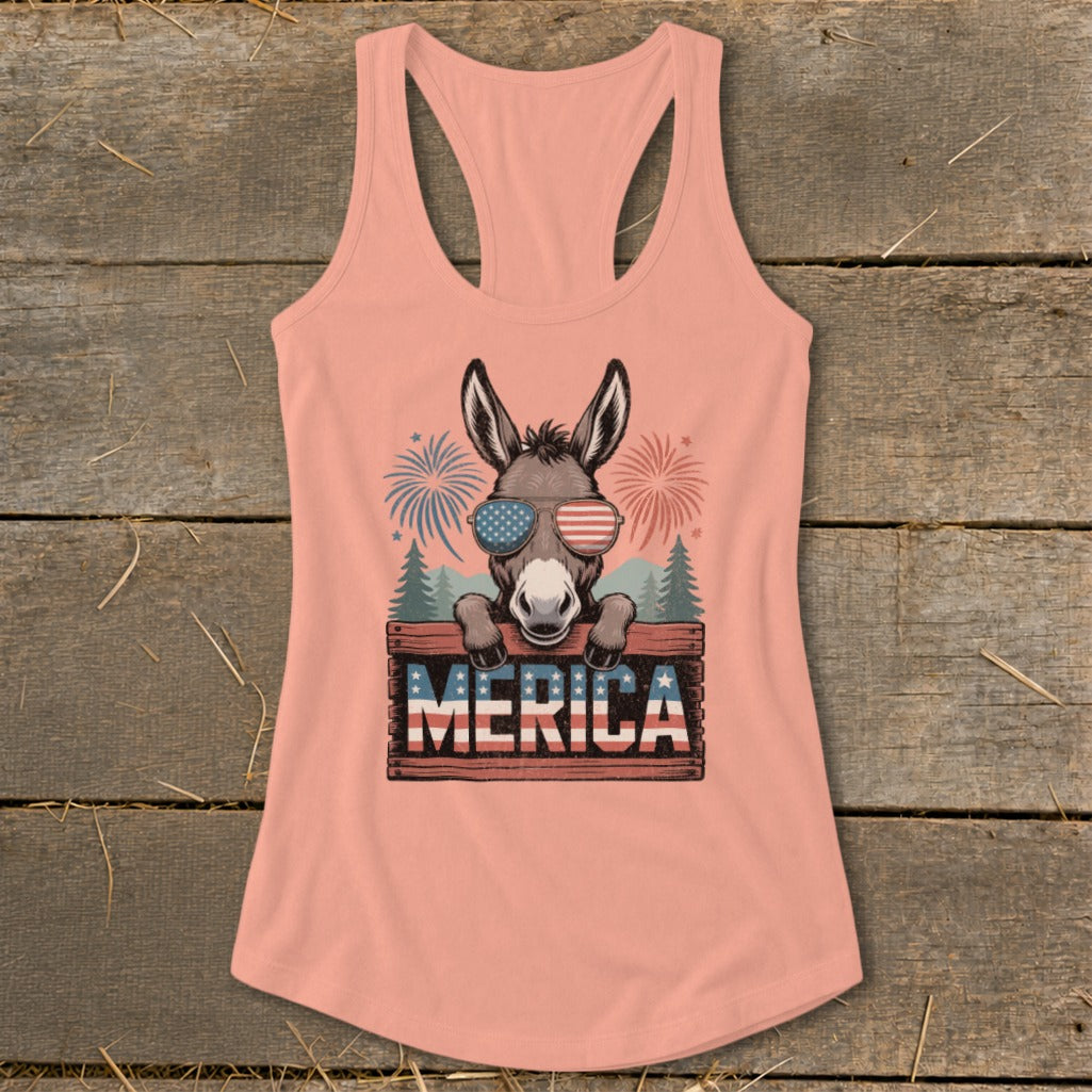 Donkey wearing American flag sunglasses, with fireworks and "MERICA" text.