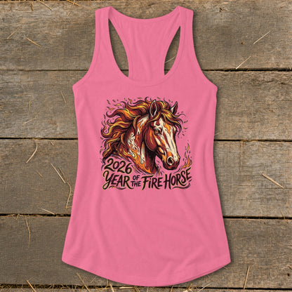 Pink tank top with a stylized horse and "2026 Year of the Fire Horse" text.