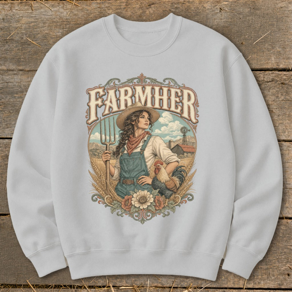 "FarmHer" graphic on a sweatshirt depicting a woman with a pitchfork, rooster, and farm background.