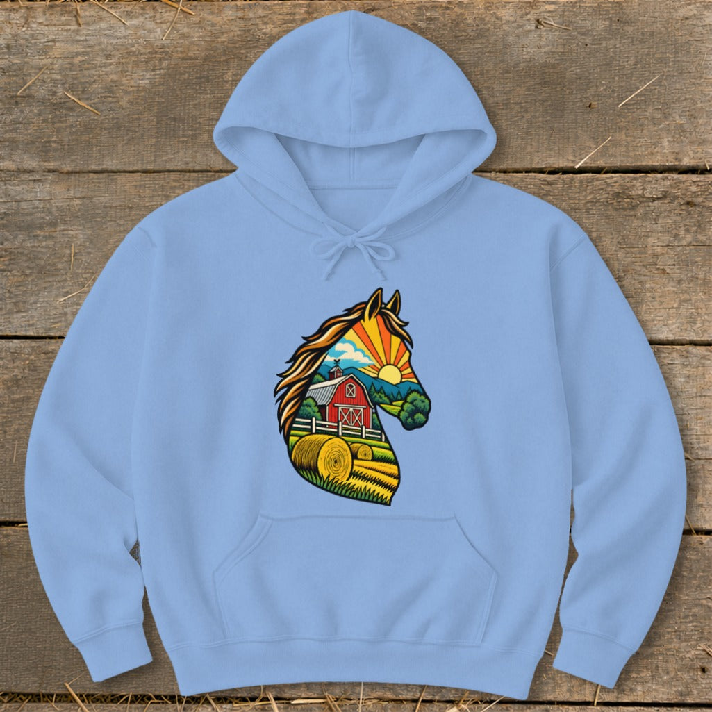 Light blue hooded sweatshirt featuring a horse head graphic filled with a rural farm scene.