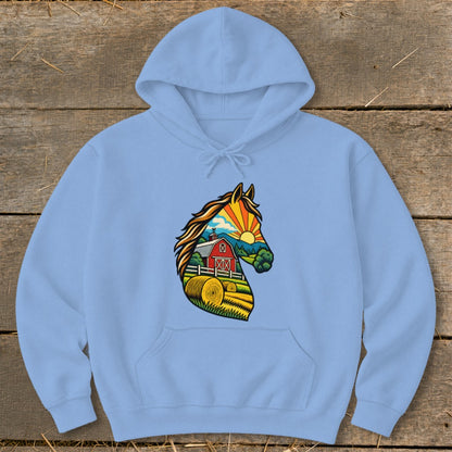 Light blue hooded sweatshirt featuring a horse head graphic filled with a rural farm scene.