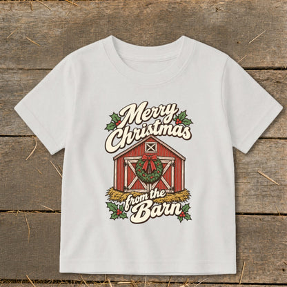 White t-shirt with red barn, wreath, and "Merry Christmas from the Barn" text.