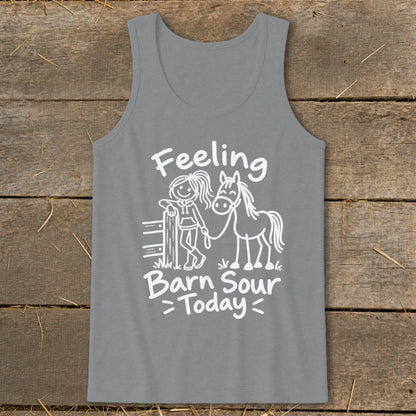 Gray tank top with white text and graphic of a girl and horse.