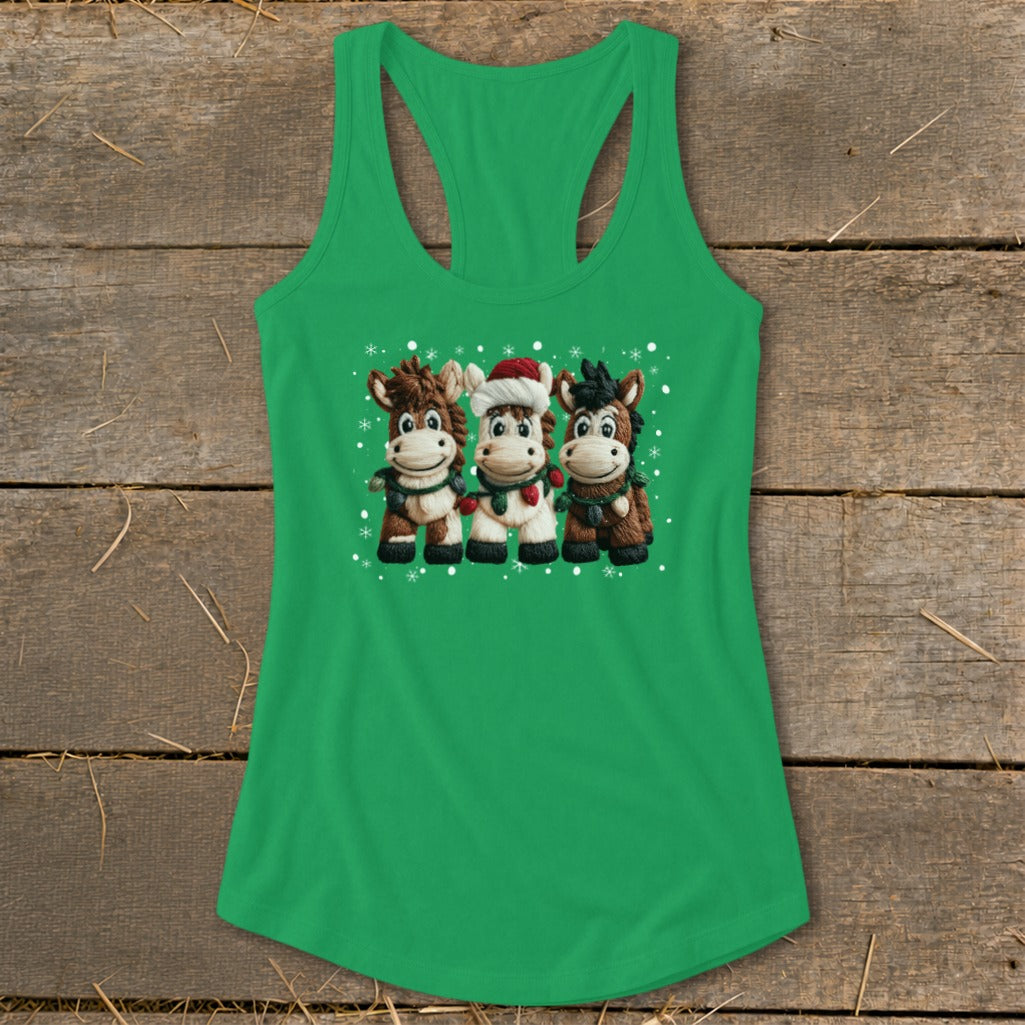 Green tank top with three cartoon horses wearing Christmas scarves and hats.