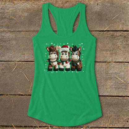 Green tank top with three cartoon horses wearing Christmas scarves and hats.