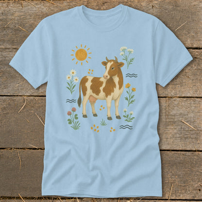 Light blue t-shirt with brown and white cow and floral design.