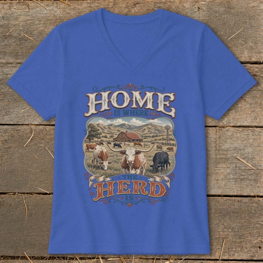 Blue v-neck t-shirt with "HOME IS WHERE THE HERD IS" graphic and farm scene.
