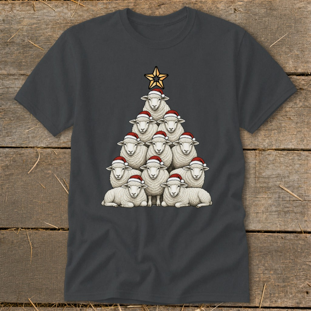 T-shirt with a Christmas tree made of sheep wearing Santa hats.