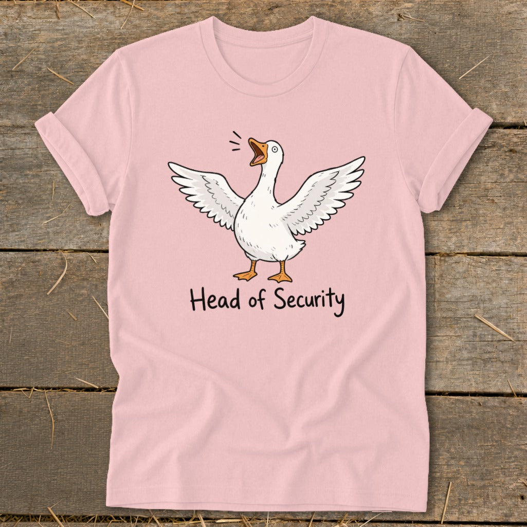 Pink t-shirt with a cartoon goose spreading its wings and text "Head of Security".