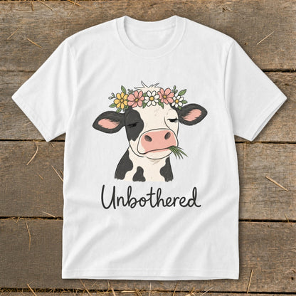 White t-shirt with cow wearing flower crown and text "Unbothered".