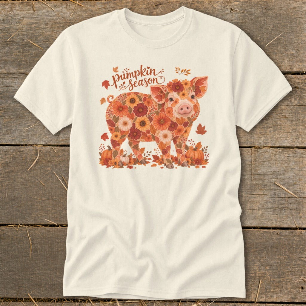 Cream t-shirt with a floral pig and "Pumpkin Season" text.