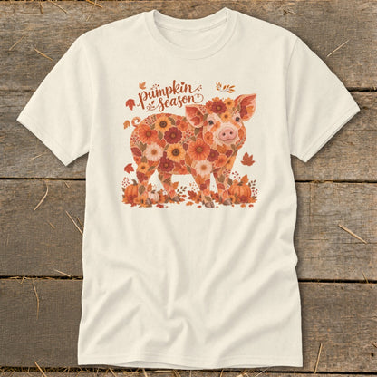 Cream t-shirt with a floral pig and "Pumpkin Season" text.