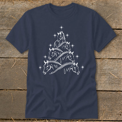 Navy t-shirt with white Christmas tree formed by horses and stars.