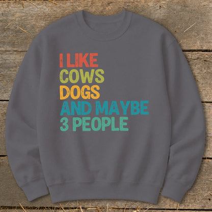 Dark grey sweatshirt with text "I like cows dogs and maybe 3 people".