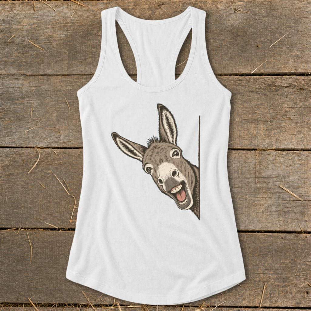 White tank top with cartoon donkey peeking from the side.