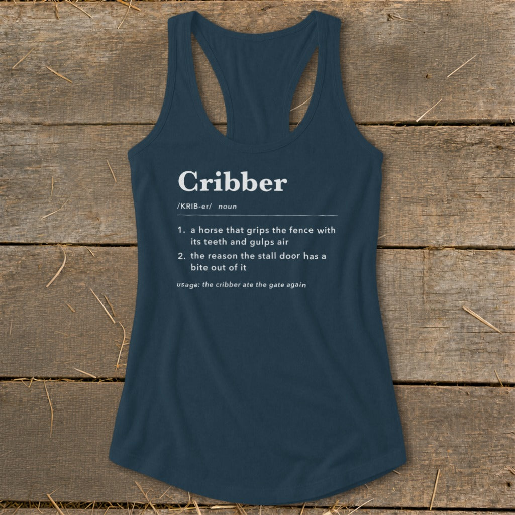 Dark blue racerback tank top featuring a white dictionary definition graphic for the word Cribber.