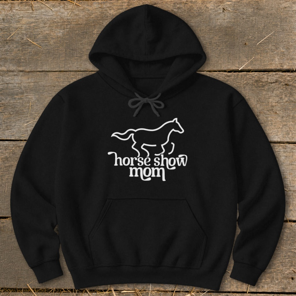 Black hoodie with white horse silhouette and text "horse show mom".