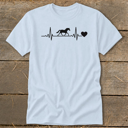 Light blue t-shirt with black horse and heart on a heartbeat line design.