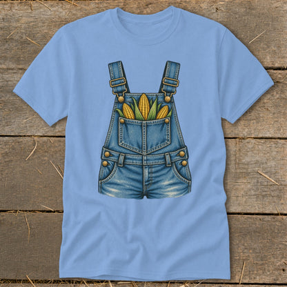 Light blue t-shirt with a denim overalls graphic filled with corn cobs.