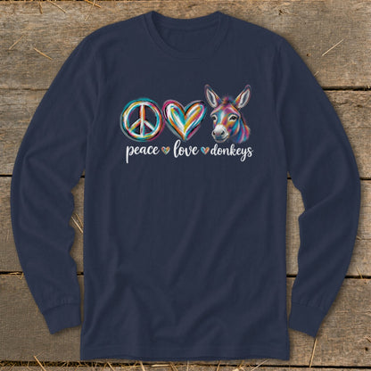 Navy long sleeve shirt with peace, colorful heart, and donkey graphic, text "peace love donkeys".