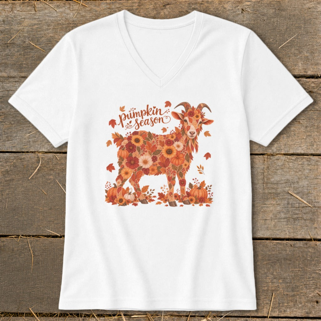 White v-neck t-shirt with a floral goat graphic and the text "pumpkin season".