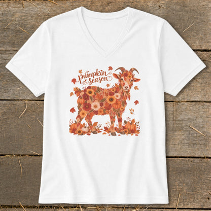 White v-neck t-shirt with a floral goat graphic and the text "pumpkin season".