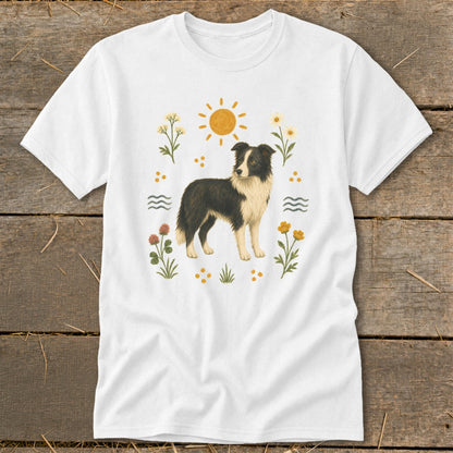 White t-shirt with a Border Collie, sun, and floral design.
