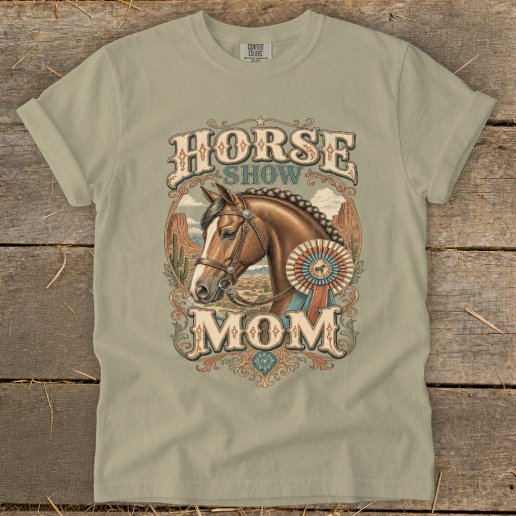 T-shirt graphic: Horse Show Mom with a horse portrait and rosette.