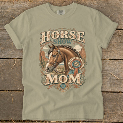 T-shirt graphic: Horse Show Mom with a horse portrait and rosette.