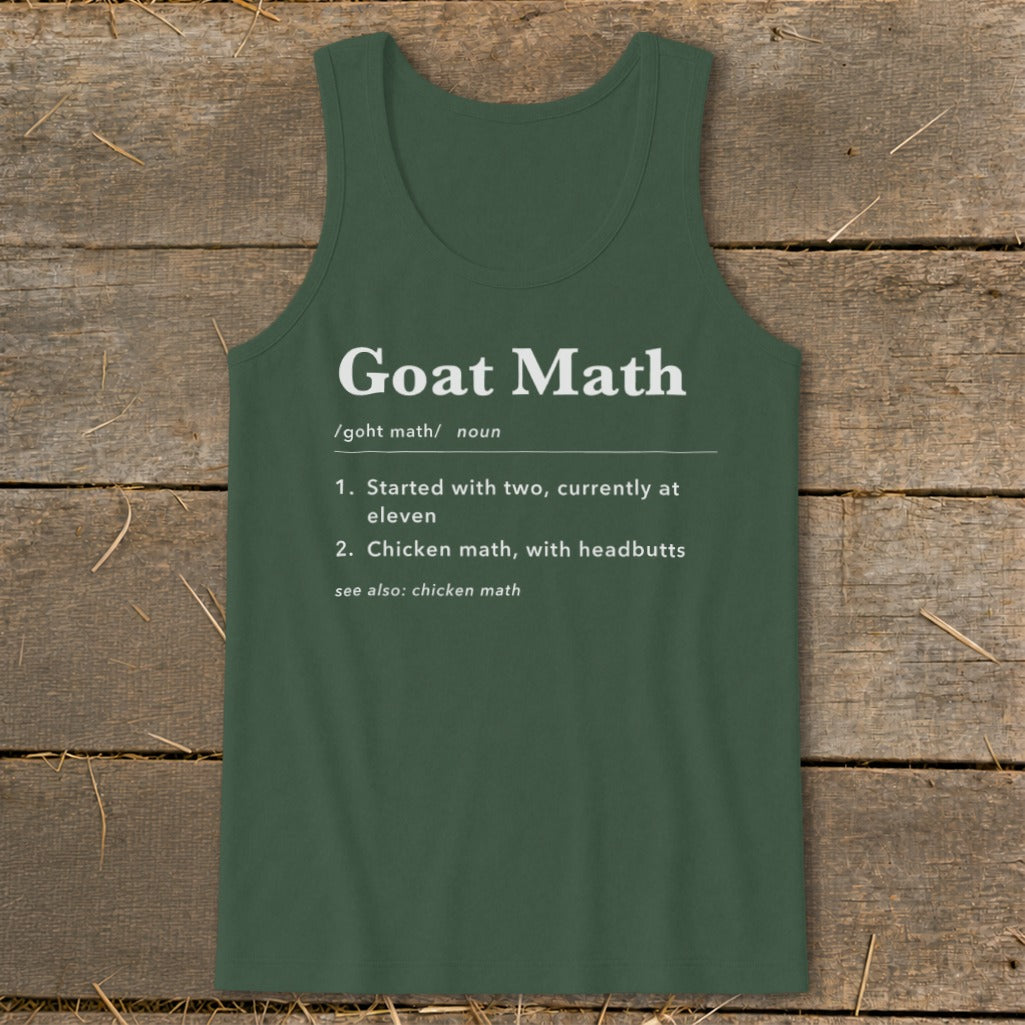 Green tank top with "Goat Math" definition: "Started with two, currently at eleven".