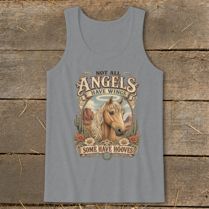 Gray tank top with a horse and western landscape graphic that reads "Not all angels have wings, some have hooves."