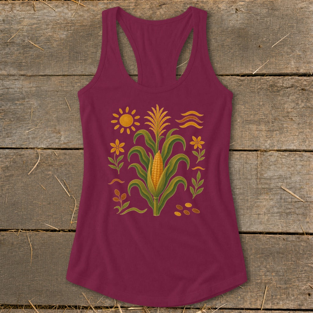 Maroon tank top with corn stalks, flowers, sun, and wavy lines graphic.