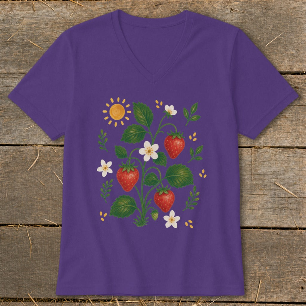 Purple v-neck t-shirt with a strawberry plant graphic and a sun.