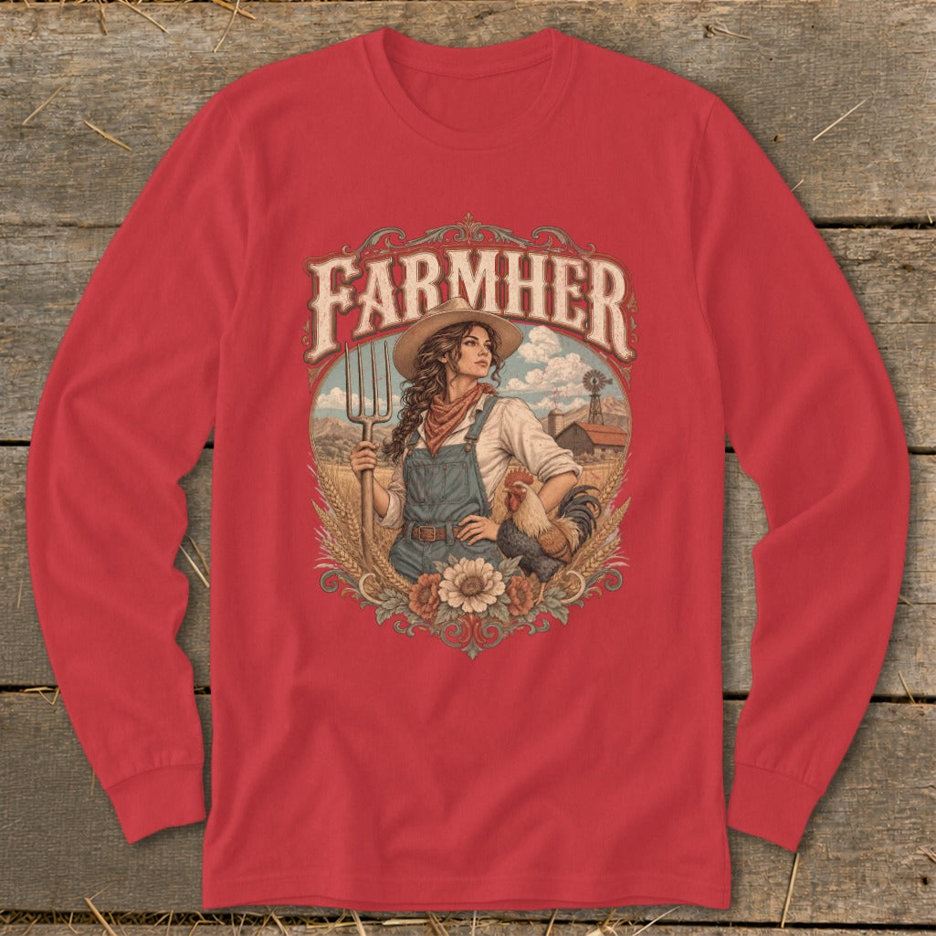 Farmerher graphic on red long-sleeve shirt with woman, rooster, farm scene, and wheat.