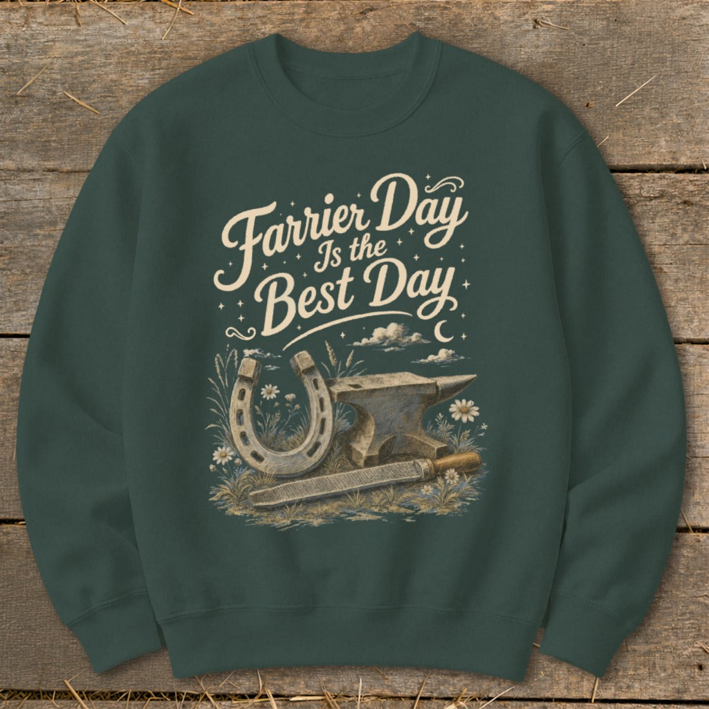 Sweatshirt with "Farrier Day Is The Best Day" text, horseshoe, anvil, and rasp.