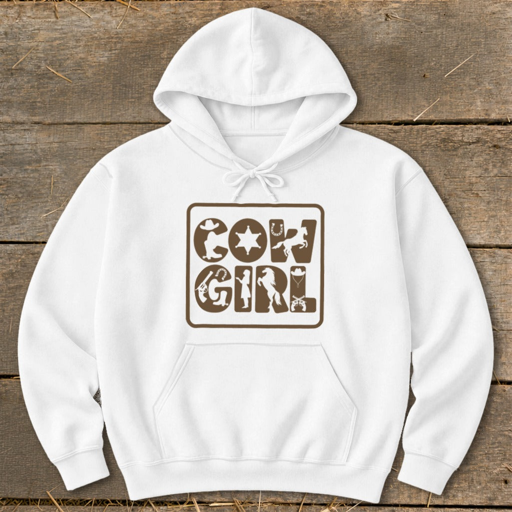 White hoodie with brown "Cowgirl" graphic featuring western silhouettes.