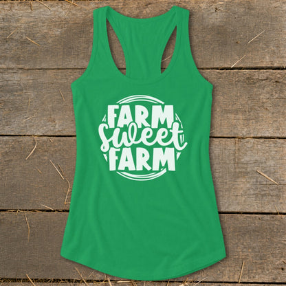 Green tank top with white text "Farm Sweet Farm" inside a circle.