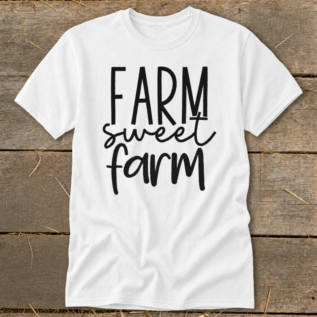 White t-shirt with "Farm sweet farm" text in black lettering.