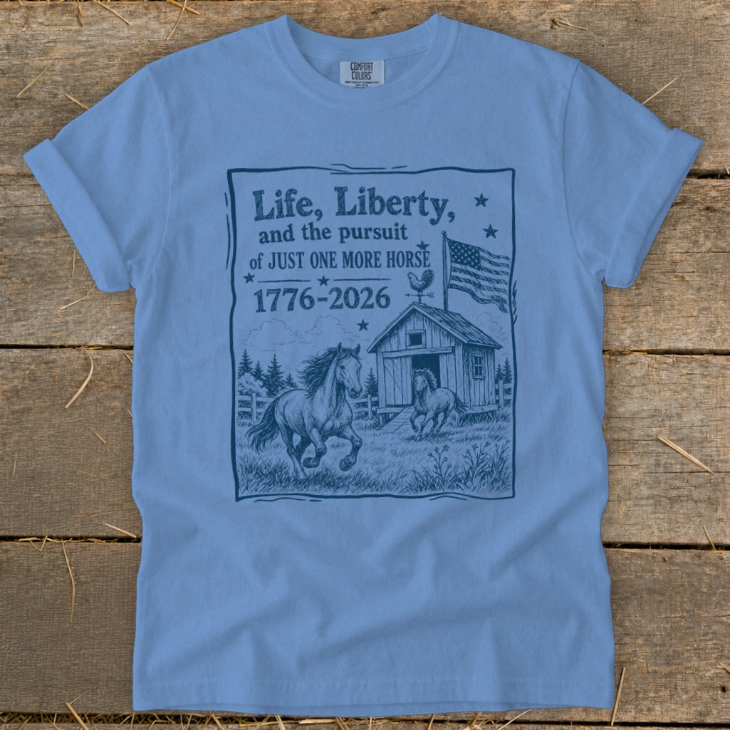Light blue t-shirt with print: Life, Liberty, and the pursuit of JUST ONE MORE HORSE, with horses and barn.