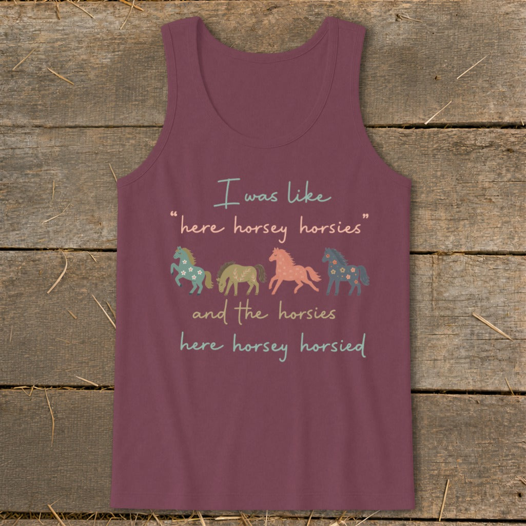 Maroon tank top with text and four horse graphics.