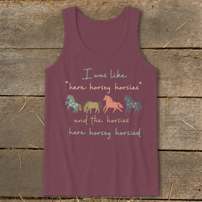 Maroon tank top with text and four horse graphics.