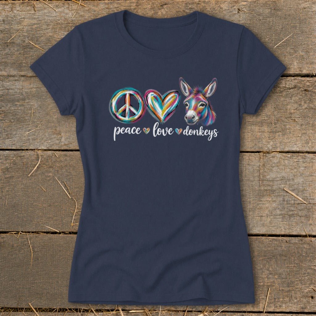 Navy t-shirt with peace sign, heart, and donkey graphic reading "peace love donkeys".