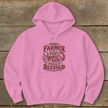 Pink hoodie with "Part Farmer, Part Horse Girl, Fully Blessed" graphic and horse illustration.