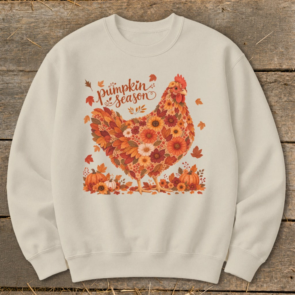 Cream sweatshirt with a floral chicken graphic and "Pumpkin Season" text.