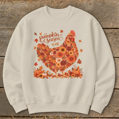 Cream sweatshirt with a floral chicken graphic and "Pumpkin Season" text.