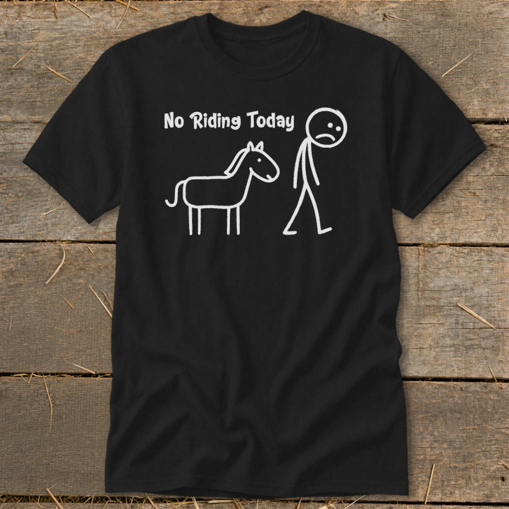 Black t-shirt with white text and stick figures of a horse and a sad person.