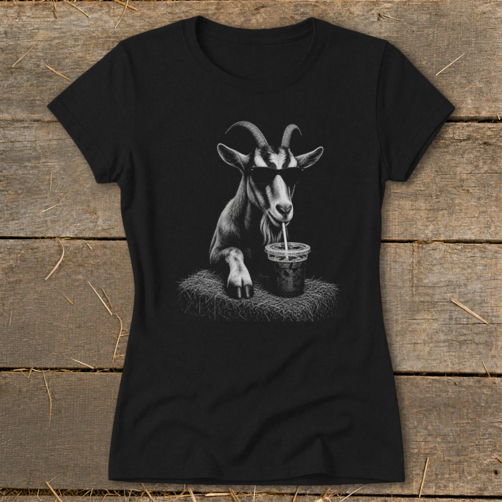 Black t-shirt with a graphic of a goat wearing sunglasses drinking from a cup.