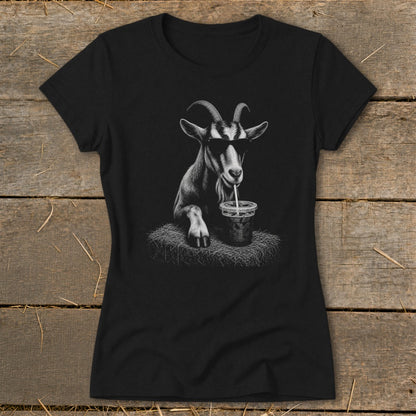 Black t-shirt with a graphic of a goat wearing sunglasses drinking from a cup.