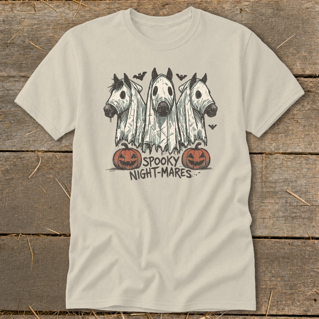 Three horses in ghost costumes with pumpkins and bats, text reads "SPOOKY NIGHT-MARES".
