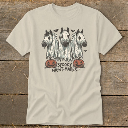 Three horses in ghost costumes with pumpkins and bats, text reads "SPOOKY NIGHT-MARES".